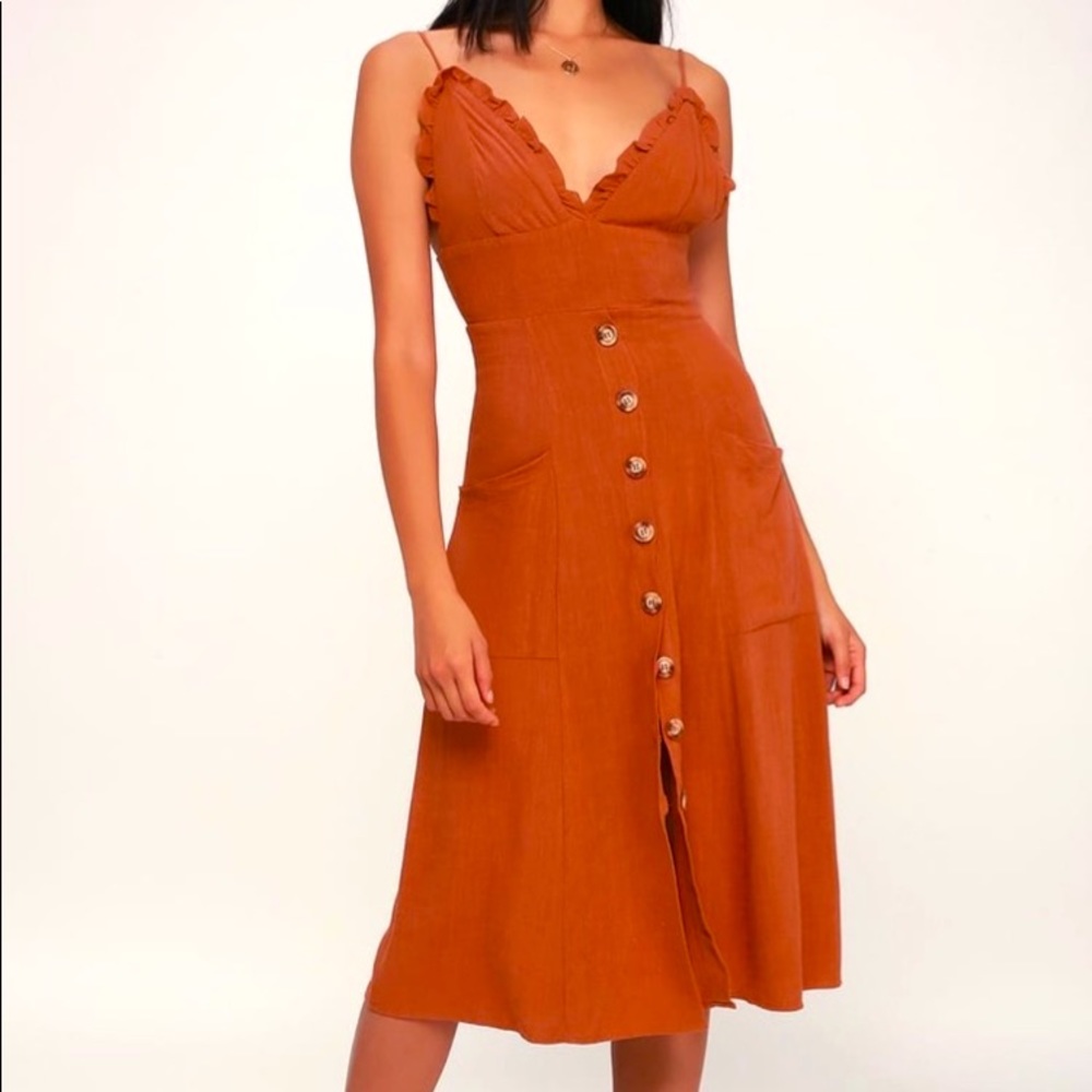 Lulu’s Lisbeth Rust Orange Button Front Dress, M - image 1